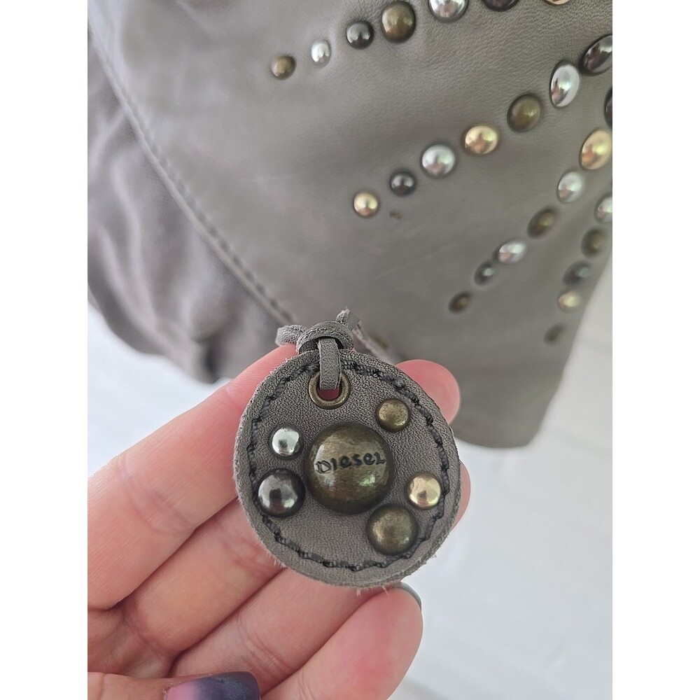 DIESEL Vintage Archive Studs Leather Cotton Shoulder Crossbody Bag Grey Y2K Rare - Picture 3 of 16